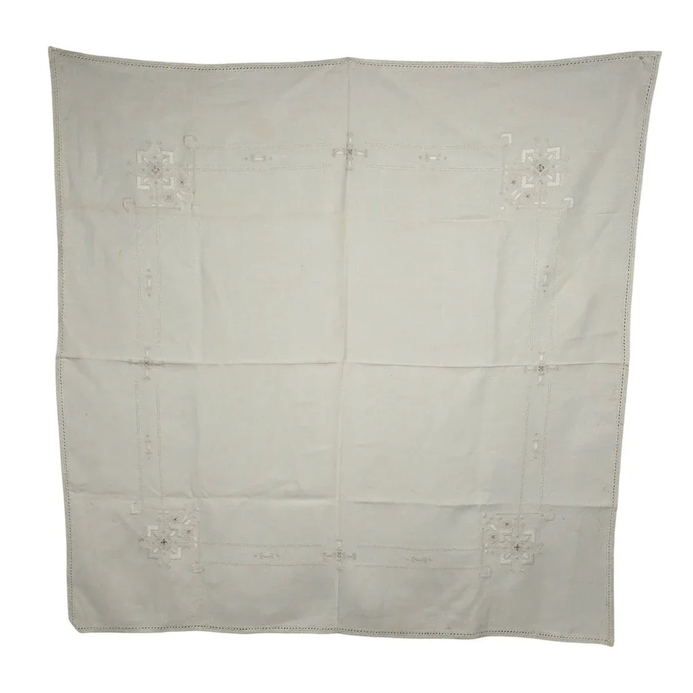 Vintage White Hand Embroidered Linen Square Tablecloth 32x33 Openwork Hemstitch